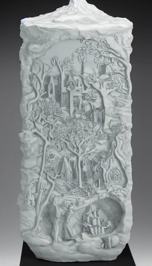 Prompt: the utopia portal highly detailed carving on southern ice porcelain, partially glazed, woodfired, art gallery