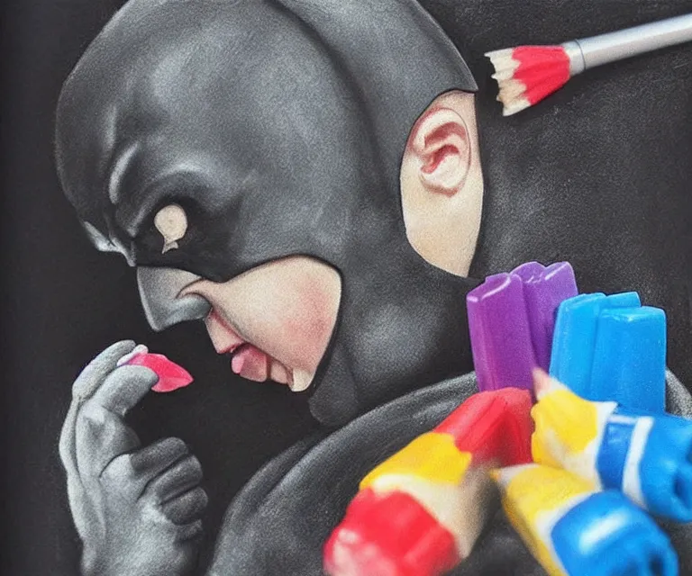 Prompt: “ sad batman crying and stress eating crayons from the box, small hands, simple, hyperrealism, photorealistic, hyperrealism, highly detailed, life like, high def ”