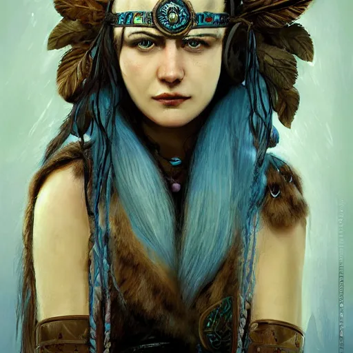 Image similar to A young female shaman, blue hair and antlers on her head, blindfolded, heilung, in the style of Heather Theurer, headshot photoshoot, artstation, made by karol bak