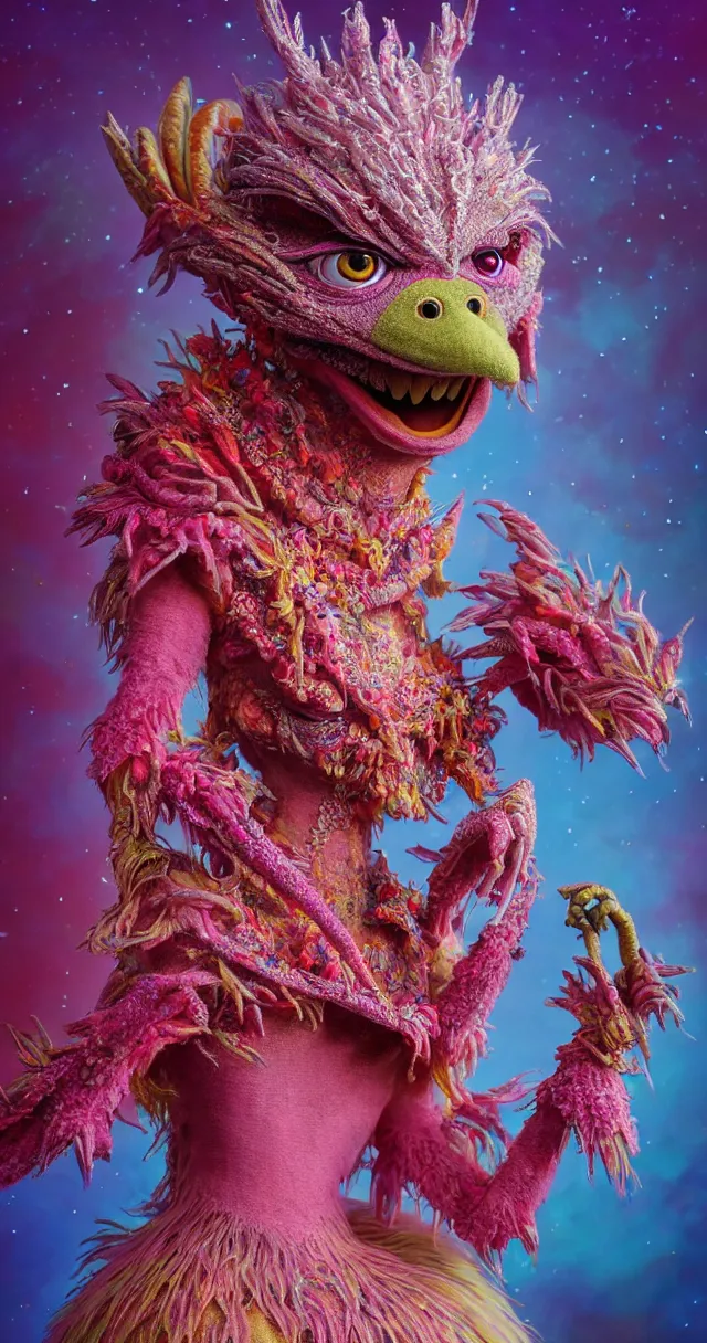 Image similar to hyper detailed 3d render like a Oil painting - kawaii portrait of ein Aurora (a beautiful skeksis muppet fae queen from dark crystal that looks like Anya Taylor-Joy) seen red carpet photoshoot in UVIVF posing in scaly dress to Eat of the Strangling network of yellowcake aerochrome and milky Fruit and His delicate Hands hold of gossamer polyp blossoms bring iridescent fungal flowers whose spores black the foolish stars by Jacek Yerka, Ilya Kuvshinov, Mariusz Lewandowski, Houdini algorithmic generative render, Abstract brush strokes, Masterpiece, Edward Hopper and James Gilleard, Zdzislaw Beksinski, Mark Ryden, Wolfgang Lettl, hints of Yayoi Kasuma and Dr. Seuss, octane render, 8k