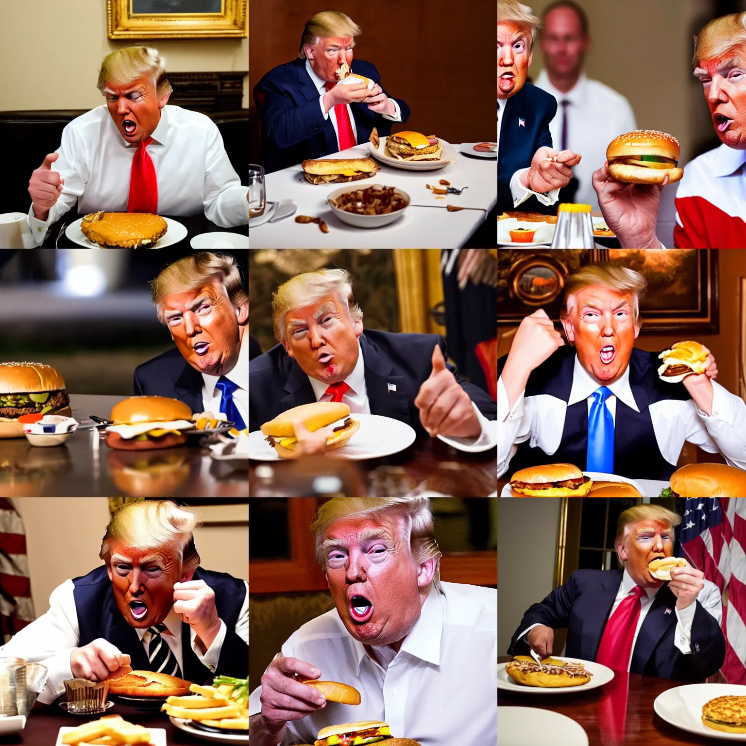 Prompt: donald trump eating a cheeseburger at a dinner table with his mouth wide open