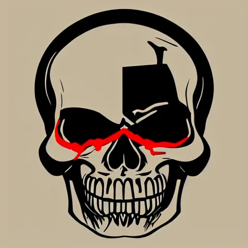 Prompt: minimalist logo of a skull with red eyes like the terminator (1984), gritty atmosphere, oppressive