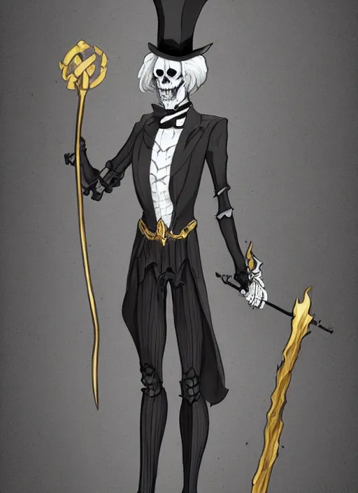 Image similar to DND character art, skeletal male figure, wearing a deep black suit!!! and tie and top hat, holding a gold! cane!, blue flames!!