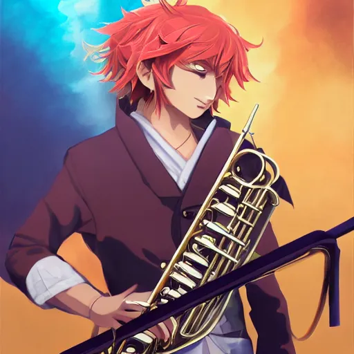 Image similar to portrait of alexander the great as a jazz musician, anime fantasy illustration by tomoyuki yamasaki, kyoto studio, madhouse, ufotable, square enix, cinematic lighting, trending on artstation