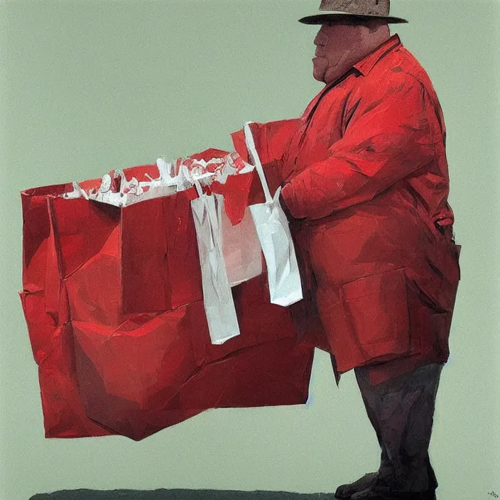 Image similar to melting old fat man portrait with a white paper bag over the head, dressed in red paper bags, holding stack of green paper bags, highly detailed, artstation, art by ian mcque, ilya kuvshinov, zdislav beksinski, wayne barlowe, edward hopper