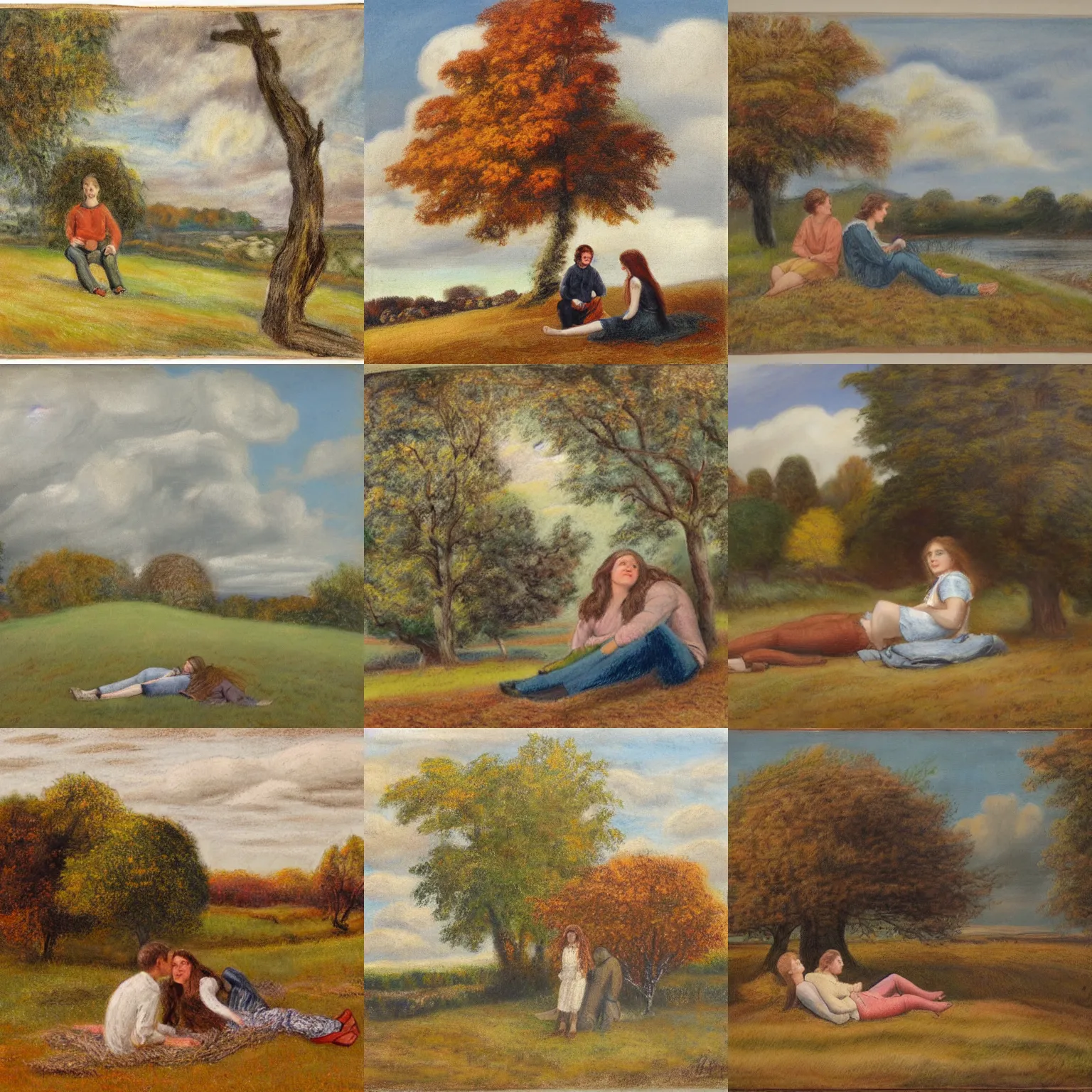 Prompt: landscape pastel of tiny young man with long brown hair and woman with long light brown hair, laying under a tree looking at clouds autumn, ( ( ( wearing jeans ) ) ), by charles sillem lidderdale.