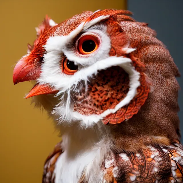 Prompt: a person wearing a fursuit of a red morph screech owl fursona, fursona, furry convention, hotel lobby, indoors, photograph, furry fandom, photorealistic,