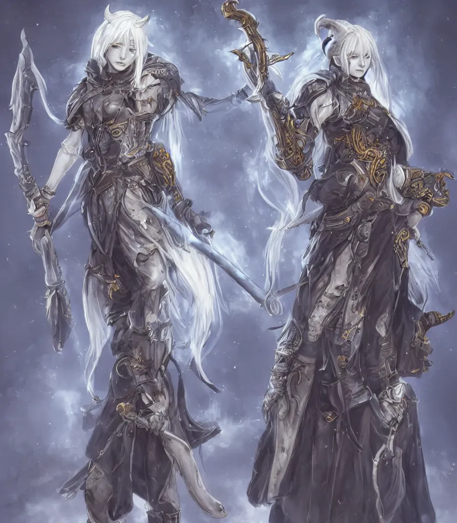 Prompt: female character concept, tiefling cleric gunslinger holding pistol ayami kojima style, full body, grey skin, fine detailed, demon tail, blue cleric robe with golden embroidery, final fantasy character art, game character design, game design dark fantasy