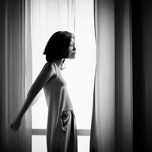 Prompt: black and white fashion photograph portrait of a depressed beautiful 35 years old model woman standing by the window, natural light, lomo, fashion photography, film grain, soft vignette, sigma 85mm f/1.4 1/10 sec shutter