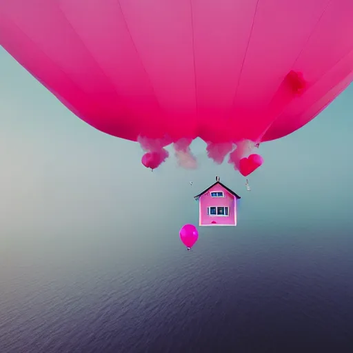 Image similar to a 5 0 mm lens photograph of a cute pink floating modern house, floating in the air between clouds, inspired by the movie up, held up from above by heart ballons. mist, playful composition canon, nikon, award winning, photo of the year