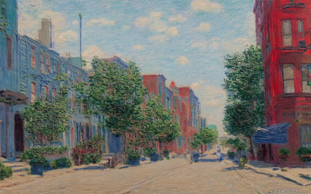 Prompt: photograph of guernsey street in greenpoint brooklyn, oil painting by monet, pastel color palette