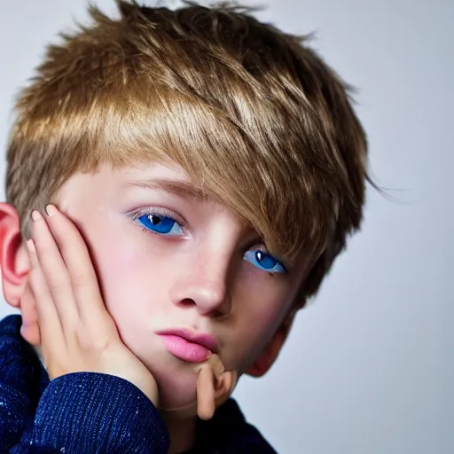 Image similar to portrait of a boy with his hand on his face, extremely realistic and real, photorealistic, blonde hair and blue eyes, detailed facial structure, real eyes that are detailed, real hands