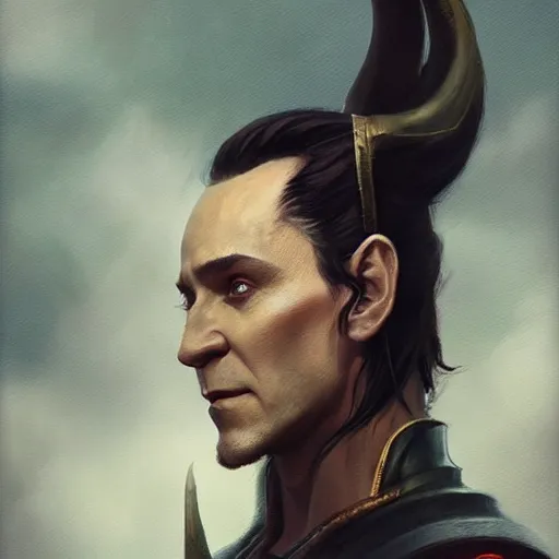 Image similar to a beautiful artwork side profile portrait of a loki with horns by greg rutkowski , featured on artstation, norse mythology, valhalla