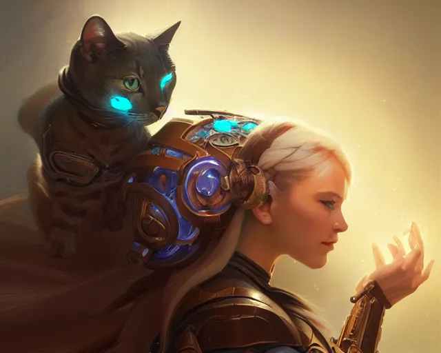 Image similar to a cyborg cat, deep focus, d & d, fantasy, intricate, elegant, highly detailed, digital painting, artstation, concept art, matte, sharp focus, illustration, hearthstone, art by artgerm and greg rutkowski and alphonse mucha