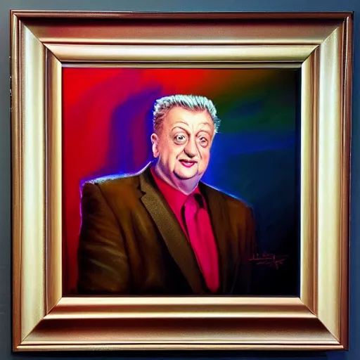 Prompt: a portrait of rodney dangerfield, hyper realistic, octane render, masterpiece portrait painting. deep colors, abstract brush strokes, inner glow.