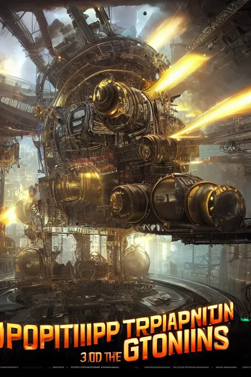 Image similar to a movie poster, invasion of the tripmachines, realistic digital art, 3 d render of two huge futuristic steampunk generators inside a steampunk machinery, 8 k, fluorescent colors, halluzinogenic, multicolored, exaggerated detailed, unreal engine