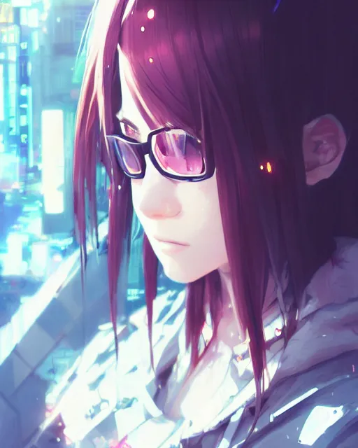 Image similar to kyoto animation, cool girl wearing cyberpunk intricate streetwear, beautiful, detailed portrait, cell shaded, 4 k, concept art, by wlop, ilya kuvshinov, artgerm, krenz cushart, greg rutkowski, pixiv. cinematic dramatic atmosphere, sharp focus, volumetric lighting, cinematic lighting, studio quality