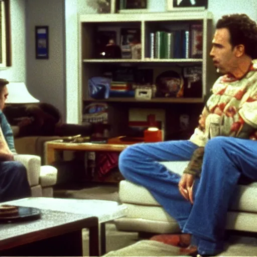 Prompt: Photo still of Jesus Christ in 1990s clothing talking with Kramer in Jerry Seinfeld's apartment, in the style of the TV show Seinfeld (1994)