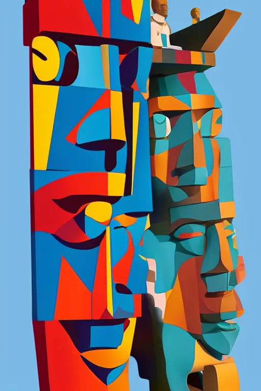 Image similar to cubist moai statue cutout digital illustration cartoon colorful beeple