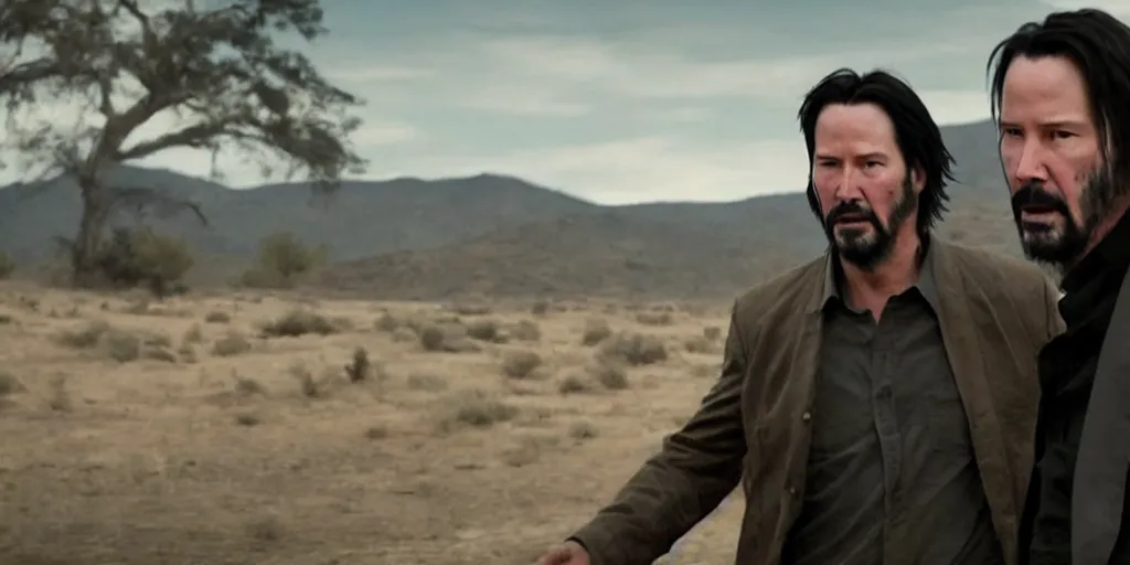 Image similar to old keanu reeves in Logan, cinematic, ultrawide angle