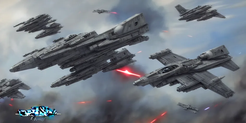 Image similar to Star Wars vs the US Air Force, fighting, planes, battlefield, trending on art station, epic battle, intense battle, large scale battle, Star War Army, United States Air Force , infantry, 8k