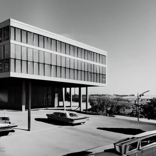 Image similar to second story cantilevered white brutalist office on top of 2 large piers, large windows, elegant, white stone, proportion, golden ratio, epic composition, steel window mullions, digital illustration, cars parked underneath 1 6 : 9