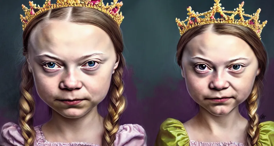 Image similar to closeup profile portrait of greta thunberg as a fairytale princess wearing a crown eating cakes in the castle kitchen, nicoletta ceccoli, mark ryden, lostfish, max fleischer, hyper realistic, artstation, illustration, digital paint, matte paint, vivid colors, bright, cheerful, detailed and intricate environment