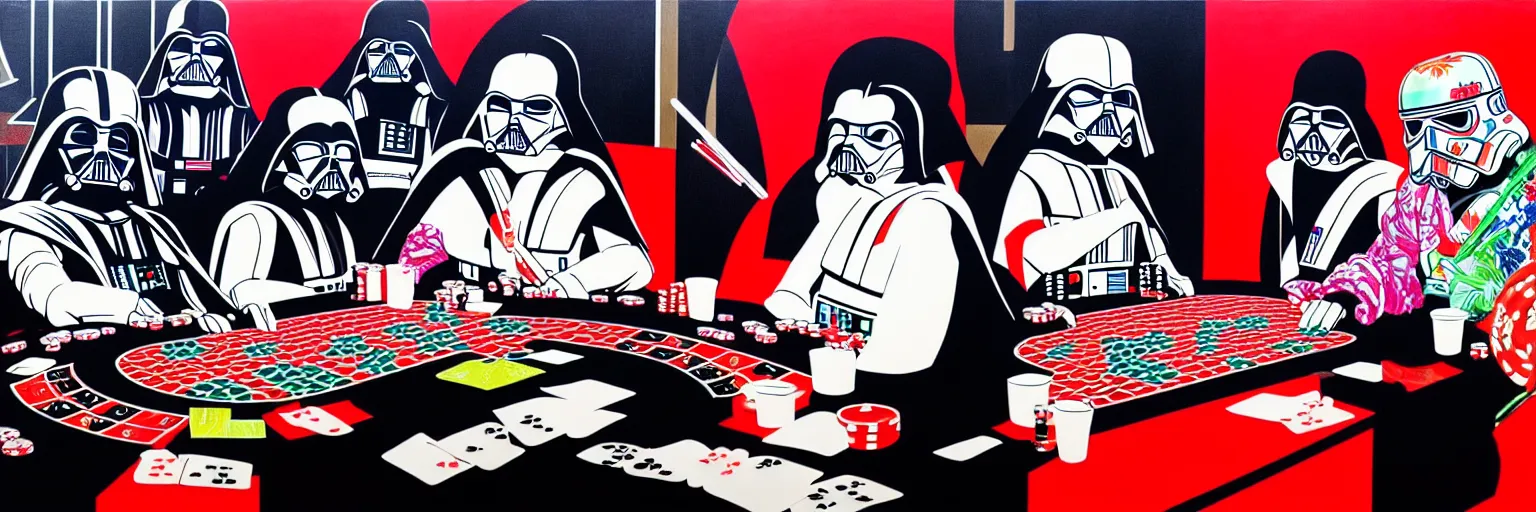 Image similar to hyperrealism composition of the detailed woman in a japanese kimono sitting at an extremely detailed poker table with darth vader and stormtrooper, fireworks on the background, pop - art style, jacky tsai style, andy warhol style, acrylic on canvas