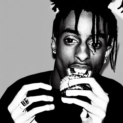 Image similar to a realistic photo of playboi carti eating a travis scott burger, film grain, vintage photo, high contrast