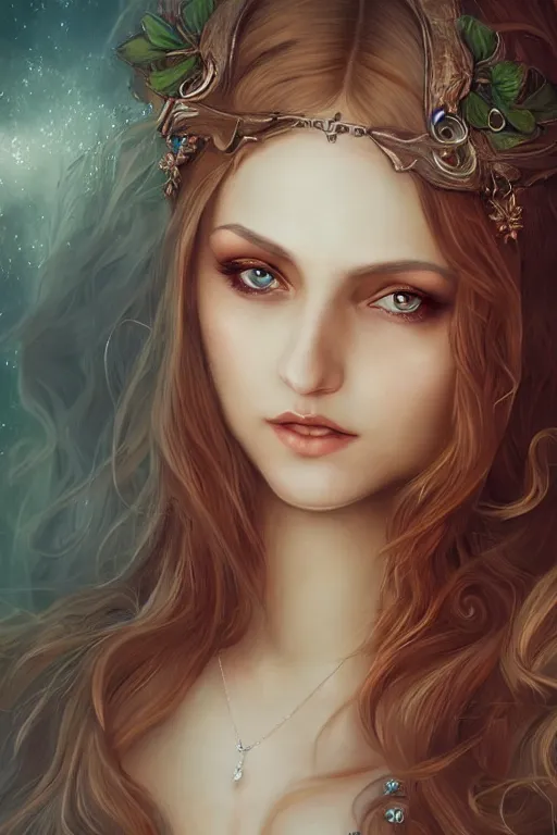 Image similar to portrait of beautiful elvish goddess , 8k, highly detailed, sharp, realistic, in style of Anna Dittmann