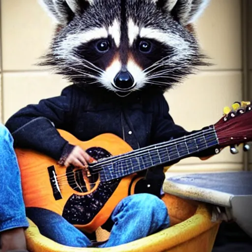 Image similar to raccoon in a leather jacket and playing guitar in a dumpster