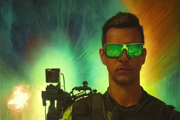 Image similar to Beautiful portrait of a glowing translucent body glowing male police officer wearing cool shades. Green fluorescent aura around officer, wide angle, magic, fire, darkness, dramatic lighting, Africa, intricate, wild, highly detailed, digital painting, artstation, concept art, smooth, sharp focus, illustration, art by artgerm and greg rutkowski and alphonse mucha, footage from space camera