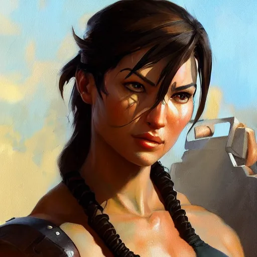 Image similar to greg manchess portrait painting of partially armored lara croft as overwatch character, close - up shot, asymmetrical, profile picture, organic painting, sunny day, matte painting, bold shapes, hard edges, street art, trending on artstation, by huang guangjian and gil elvgren and sachin teng