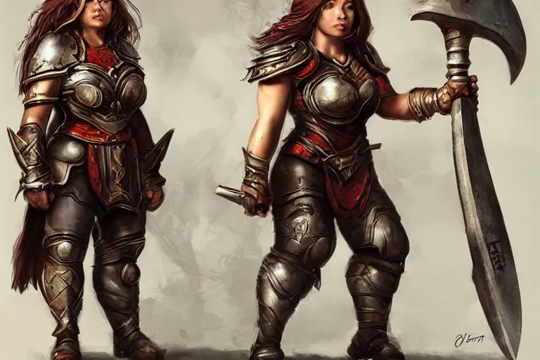 Prompt: robust and mighty female dwarf warrior | short stature | wide body | iron chestplate | Aleksi Briclot |