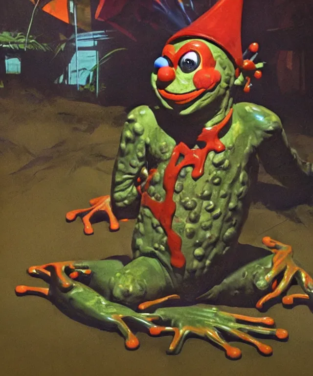 Image similar to frog boy farmer finds the clown crown in the dirt, clown crown, moment of destiny, painting by Syd Mead, cinematography by Robby Müller