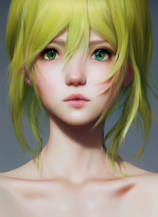 Image similar to the most beautiful cute anime girl portrait pastel yellow coloured hair, extremely detailed green eyes, professional 3 d visualisation in pastel colours, by wlop, intricate linework, trending on artstation, unreal engine 5 highly rendered