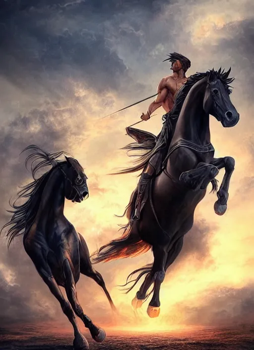 Image similar to the singular horseman of the apocalypse is riding a strong big black stallion, horse is up on its hind legs, the strong male rider is carrying the scales of justice, beautiful artwork by artgerm and rutkowski, breathtaking, beautifully lit, dramatic, full view