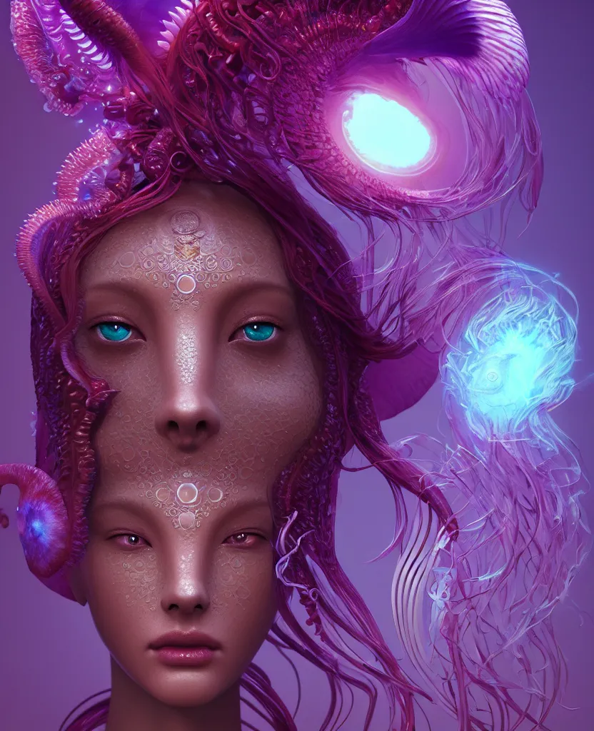 Image similar to goddess close-up portrait. chimera orchid jellyfish phoenix head, nautilus, skull, betta fish, bioluminiscent creatures, intricate artwork by Tooth Wu and wlop and beeple. octane render, trending on artstation, greg rutkowski very coherent symmetrical artwork. cinematic, hyper realism, high detail, octane render, 8k