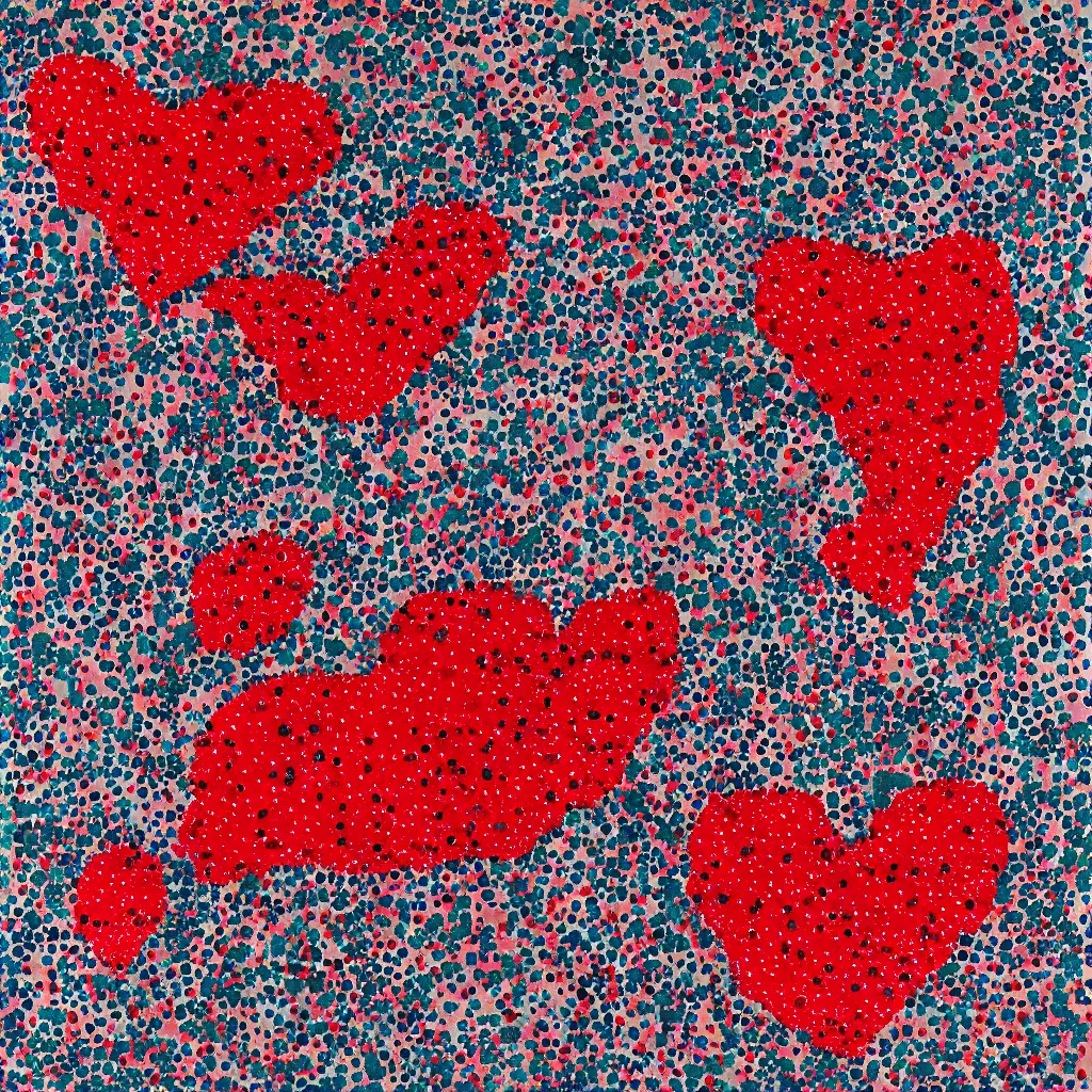 Image similar to camo made of strawberries, smiling, abstract, rei kawakubo artwork, cryptic, dots, stipple, lines, splotch, color tearing, pitch bending, color splotches, hearts, dark, ominous, eerie, minimal, points, technical, old painting