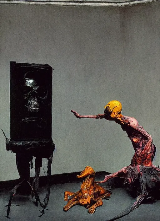 Image similar to two dark figures laughing and a black dog inside a decayed contemporary living room with large oxygen tank in the style of Francis Bacon and Zdzislaw Beksinski, Edward Hopper and Norman Rockwell, highly detailed, very coherent, triadic color scheme