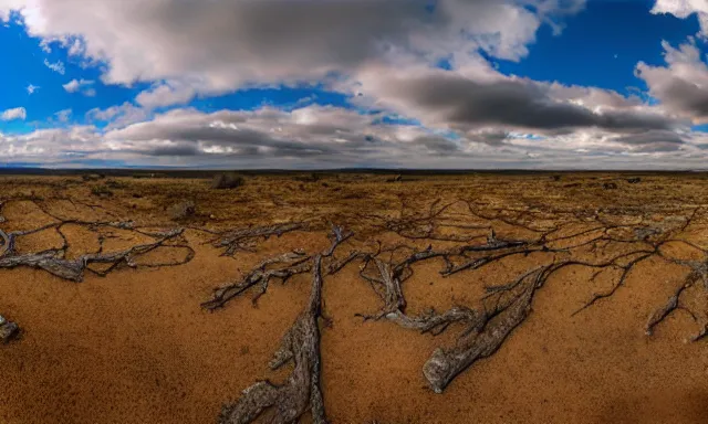 Image similar to beautiful panorama of many magnificent big raindrops flying upwards into the perfect cloudless blue sky from a dried up river in a desolate land, dead trees, blue sky, hot and sunny highly-detailed, elegant, dramatic lighting, artstation, 4k, cinematic landscape, masterpiece photograph by Elisabeth Gadd