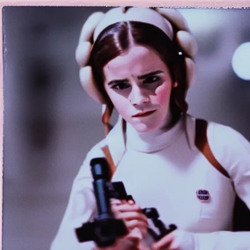 Image similar to film still of emma watson as princess leia organa in star wars, polaroid, photography, film, kodak