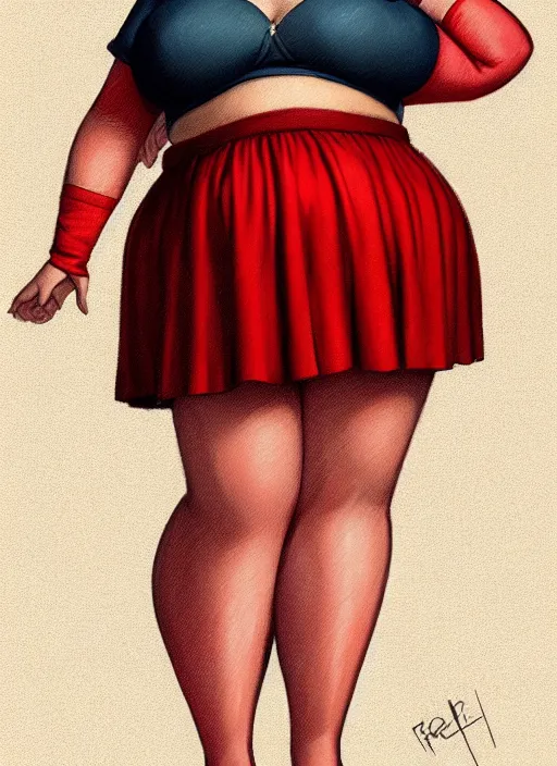 Image similar to full body portrait of teenage veronica lodge, obese, bangs, sultry, realistic, sultry smirk, wavy hair, red skirt, fat, belly, intricate, elegant, glowing lights, highly detailed, digital painting, artstation, concept art, smooth, sharp focus, illustration, art by wlop, mars ravelo and greg rutkowski