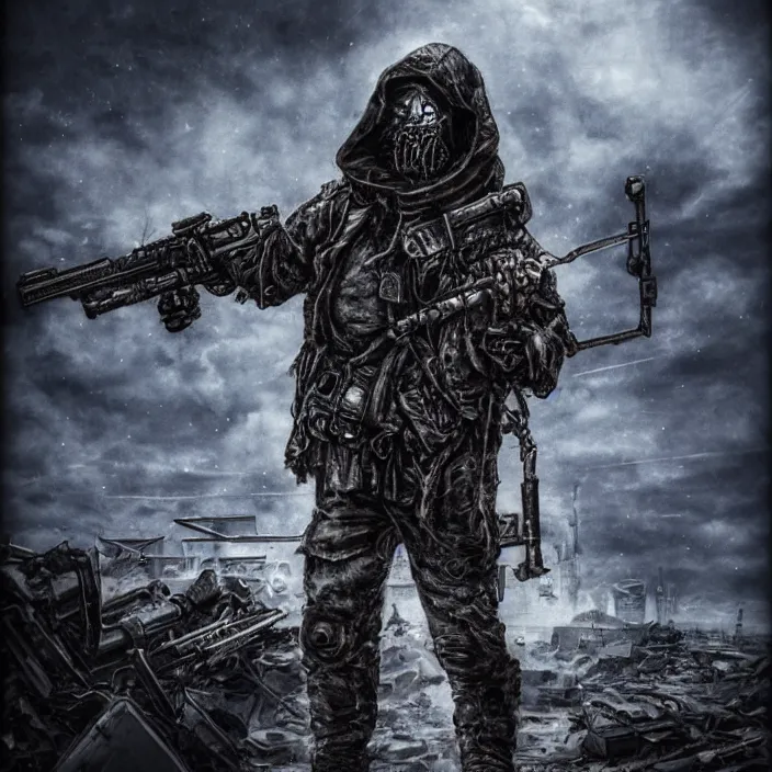 Image similar to gritty hooded apocalyptic man shouldering laser - rifle surrounded by destroyed machine, hyper - detailed, sharp focus, 4 k ultra hd, fantasy dark art, apocalyptic art