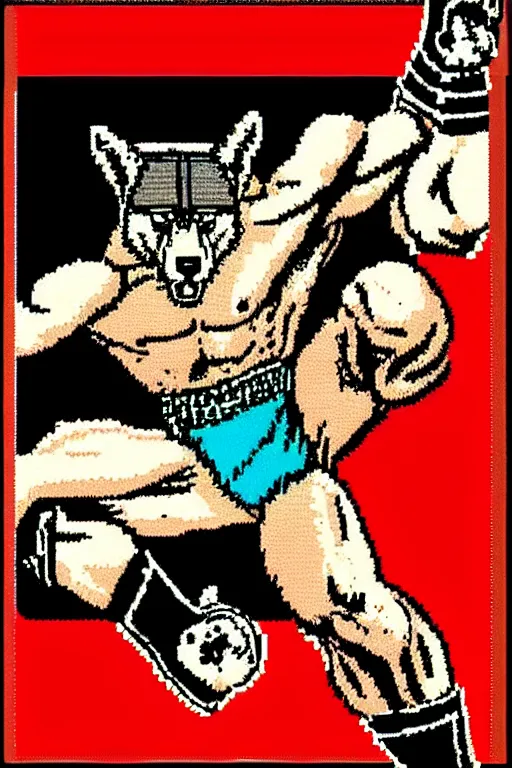 Image similar to extreme long shot. 8 bit nes graphics. hermann nitschantropomorphic muscular masculine wolf. kickboxer fighter, in shorts. wolf head. art from nes game cartridge,