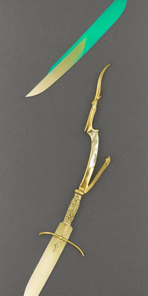 Image similar to photograph of a wide green and teal crystal double - edged sword blade attached to a big gold sword hilt