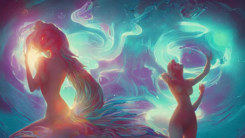 Image similar to one beautiful whimsical goddess standing in a lake basking in the moonlight, underneath a multi-colored binary blackhole with an accretion disc, glowing trails following her arms, acidwave, by Lois van Baarle, by Greg Rutkowski, by artgerm, by beeple, by studio ghibli, cinematic angle, volumetric lighting, 4k resolution, octane render, trending on artstation, masterpiece