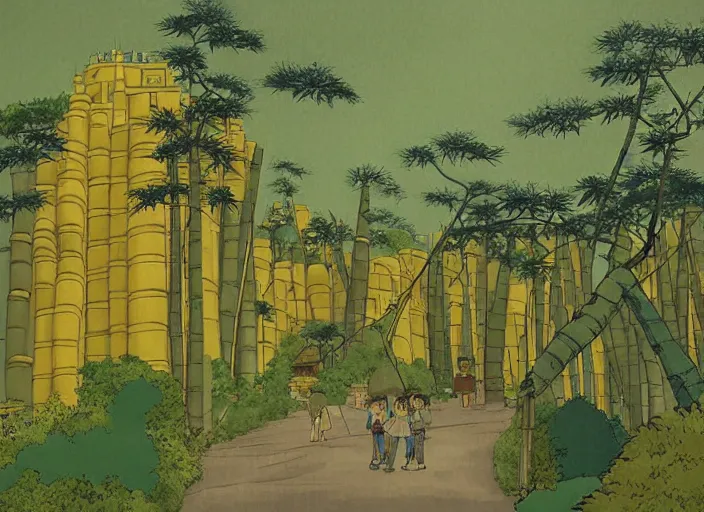 Image similar to japanese yellow fortress in a city inside the bamboo forest by studio ghibli painting