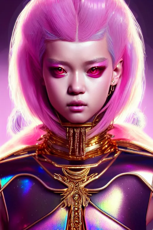 Image similar to hyperdetailed portrait of a stunningly beautiful movie star androgynous guard made of iridescent metals, shiny pink gems, inspired by ross tran and wlop and masamune shirow and kuvshinov, concept art, intricate, photorealistic, octane render, rtx, hdr, unreal engine, dnd digital art by artgerm