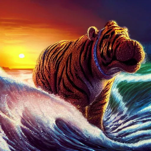 Image similar to a closeup photorealistic photograph of a cute smiling knitted tiger hippopotamus riding a large wave at sunset. surf in background. professional capture. brightly lit scene. this 4 k hd image is trending on artstation, featured on behance, well - rendered, extra crisp, features intricate detail, epic composition and the style of unreal engine.